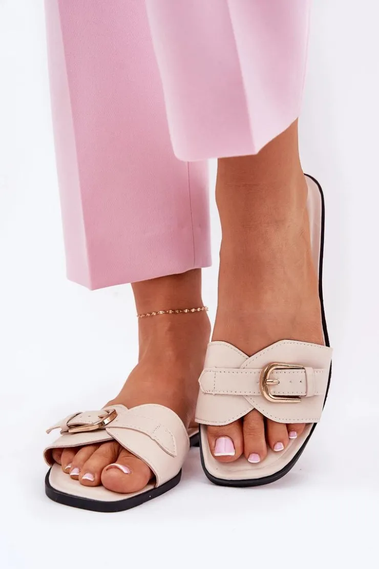 Boto Klapki Damskie Klasyczne*Płaskie Klapki Damskie Ze Złotą Klamrą Beżowe Esiobb Beżowy