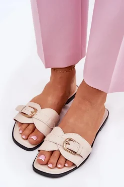 Boto Klapki Damskie Klasyczne*Płaskie Klapki Damskie Ze Złotą Klamrą Beżowe Esiobb Beżowy