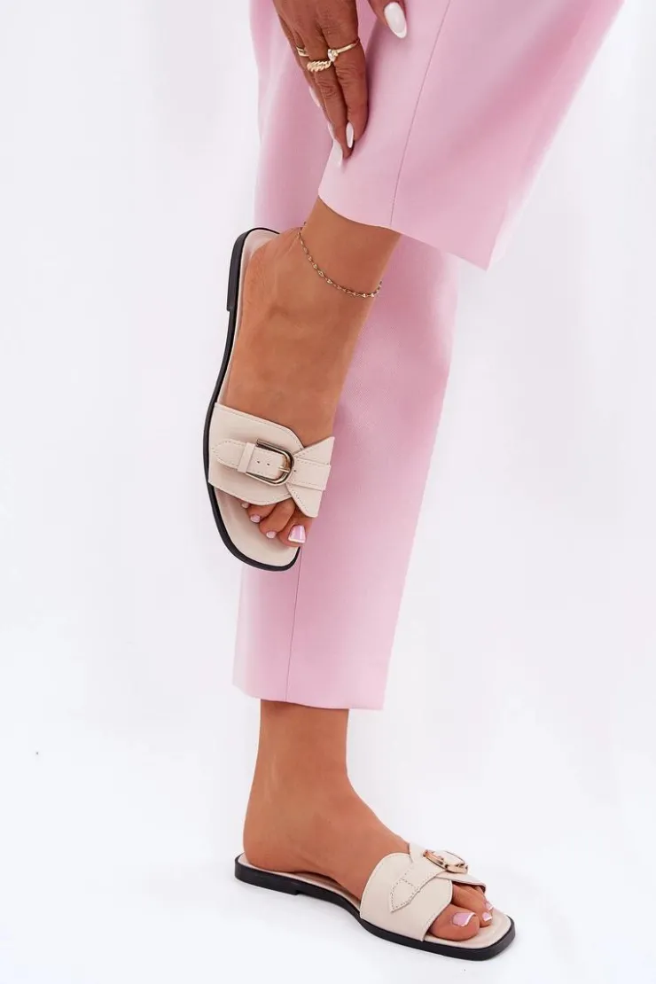 Boto Klapki Damskie Klasyczne*Płaskie Klapki Damskie Ze Złotą Klamrą Beżowe Esiobb Beżowy