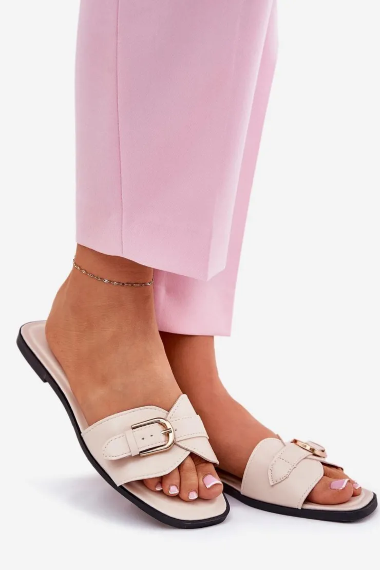 Boto Klapki Damskie Klasyczne*Płaskie Klapki Damskie Ze Złotą Klamrą Beżowe Esiobb Beżowy