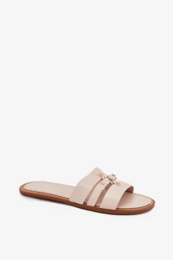 Boto Klapki Damskie Klasyczne*Płaskie Klapki Damskie Ze Złotym Detalem Beżowe Noroti Beżowy