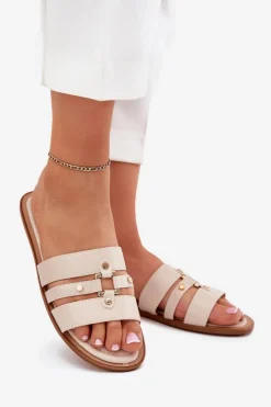 Boto Klapki Damskie Klasyczne*Płaskie Klapki Damskie Ze Złotym Detalem Beżowe Noroti Beżowy