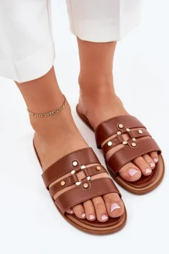 Damskie Boto Płaskie Klapki Damskie Ze Złotym Detalem Camel Noroti