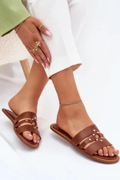 Damskie Boto Płaskie Klapki Damskie Ze Złotym Detalem Camel Noroti