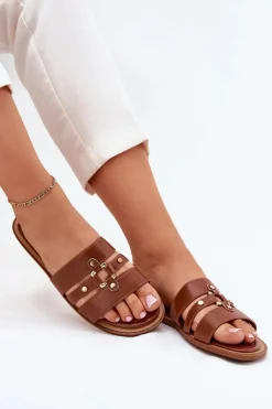 Damskie Boto Płaskie Klapki Damskie Ze Złotym Detalem Camel Noroti