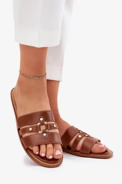 Damskie Boto Płaskie Klapki Damskie Ze Złotym Detalem Camel Noroti