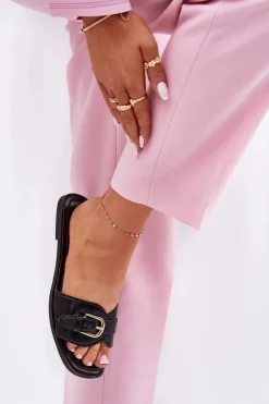 Boto Klapki Damskie Klasyczne*Płaskie Klapki Damskie Ze Złotą Klamrą Czarne Esiobb