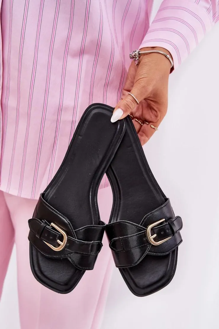 Boto Klapki Damskie Klasyczne*Płaskie Klapki Damskie Ze Złotą Klamrą Czarne Esiobb