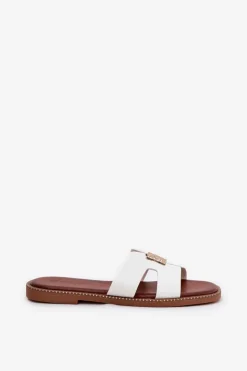 Damskie Boto Płaskie Klapki Z Wycięciami I Ozdobą Białe Bohalis