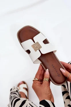 Damskie Boto Płaskie Klapki Z Wycięciami I Ozdobą Białe Bohalis