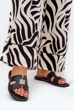 Damskie Boto Płaskie Klapki Z Wycięciami I Ozdobą Czarne Bohalis