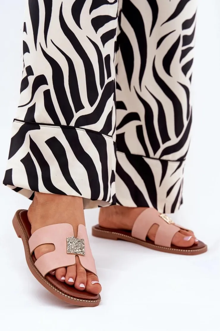 Boto Klapki Damskie Klasyczne*Płaskie Klapki Z Wycięciami I Ozdobą Brudny Róż Bohalis Różowy