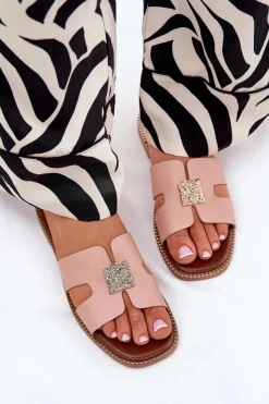 Boto Klapki Damskie Klasyczne*Płaskie Klapki Z Wycięciami I Ozdobą Brudny Róż Bohalis Różowy