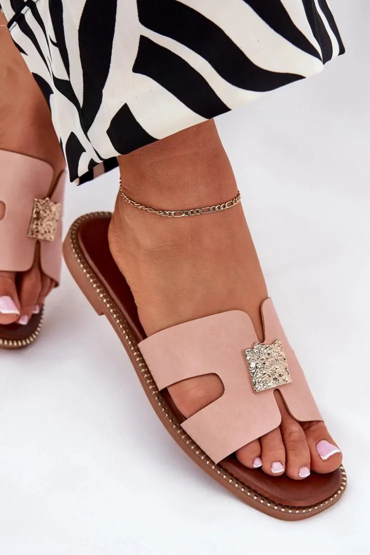 Boto Klapki Damskie Klasyczne*Płaskie Klapki Z Wycięciami I Ozdobą Brudny Róż Bohalis Różowy