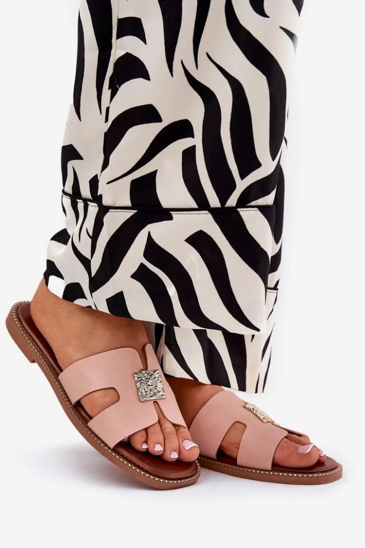 Boto Klapki Damskie Klasyczne*Płaskie Klapki Z Wycięciami I Ozdobą Brudny Róż Bohalis Różowy