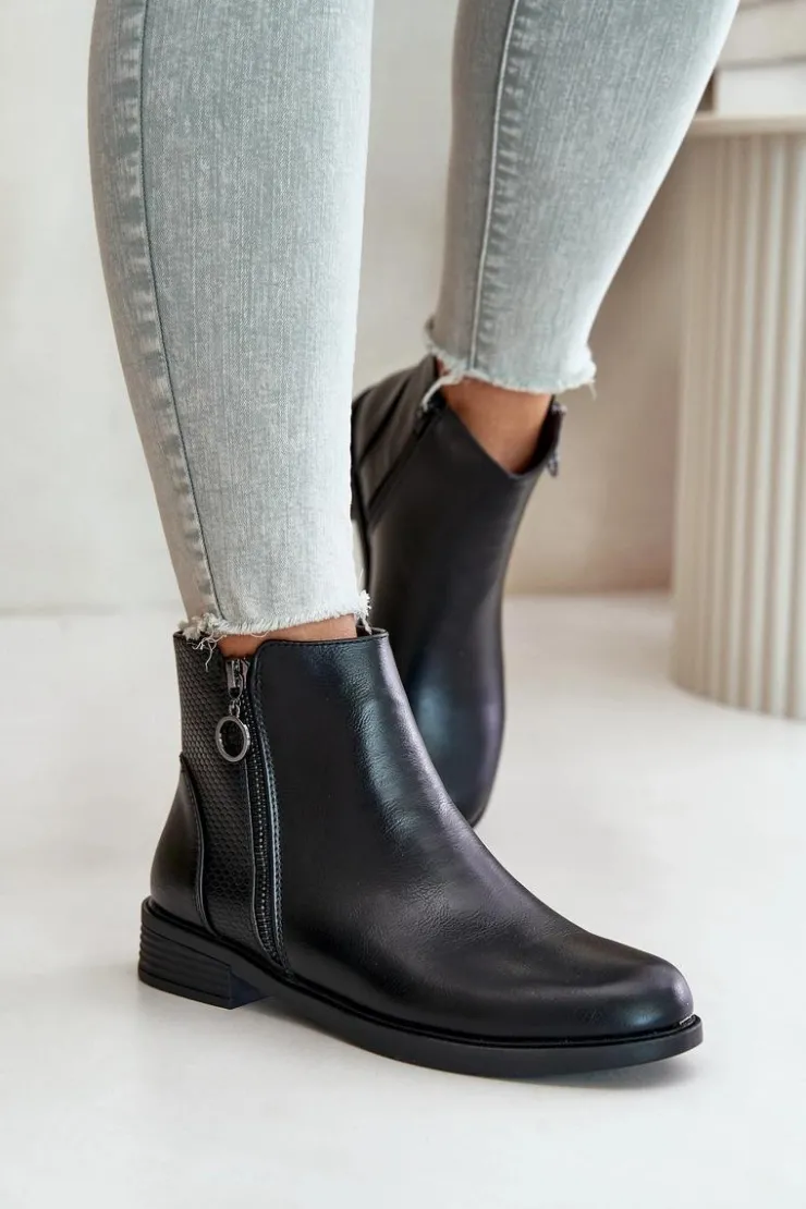 Boto Czarne Botki|Botki Zimowe Damskie*Płaskie Ocieplane Botki Z Niską Cholewką Czarne Kerima