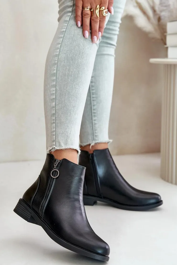 Boto Czarne Botki|Botki Zimowe Damskie*Płaskie Ocieplane Botki Z Niską Cholewką Czarne Kerima