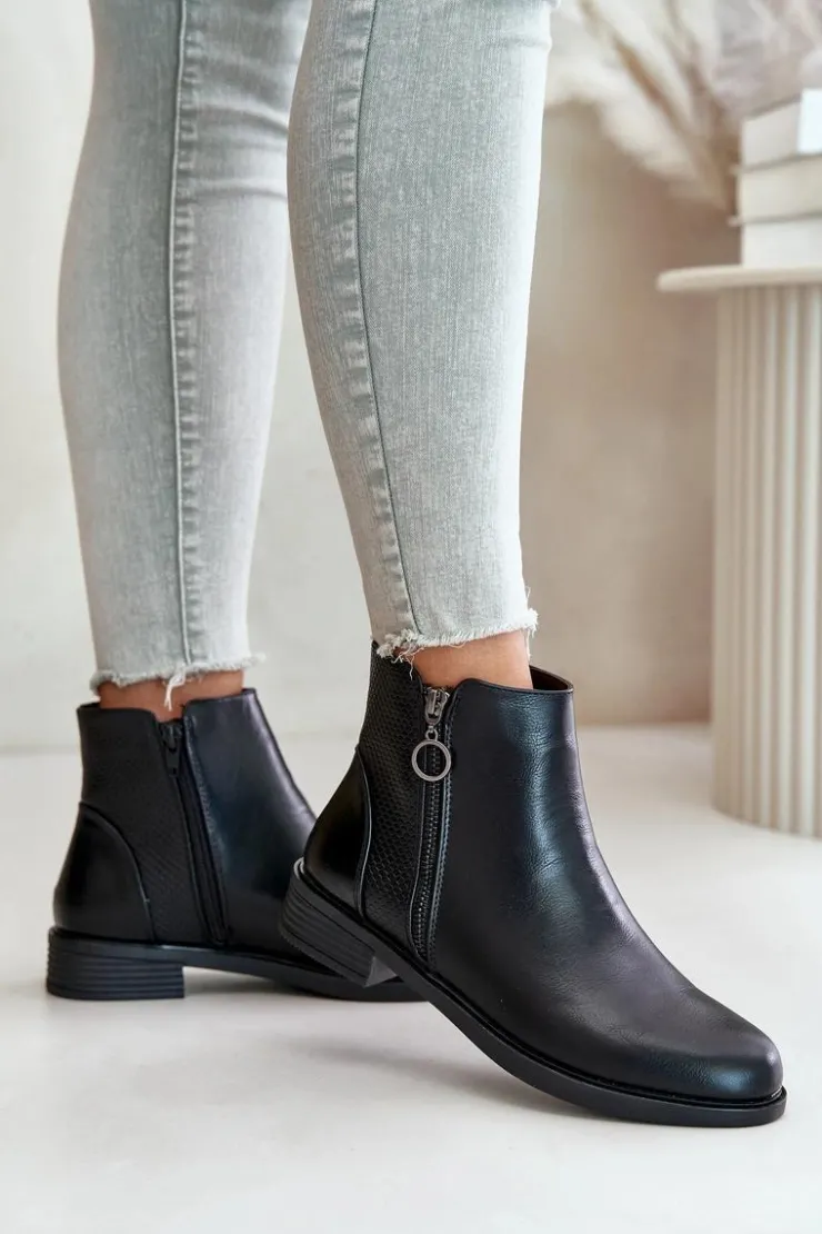 Boto Czarne Botki|Botki Zimowe Damskie*Płaskie Ocieplane Botki Z Niską Cholewką Czarne Kerima