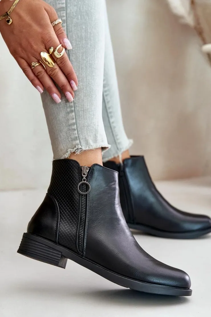 Boto Czarne Botki|Botki Zimowe Damskie*Płaskie Ocieplane Botki Z Niską Cholewką Czarne Kerima