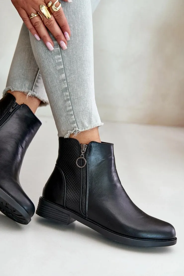 Boto Czarne Botki|Botki Zimowe Damskie*Płaskie Ocieplane Botki Z Niską Cholewką Czarne Kerima