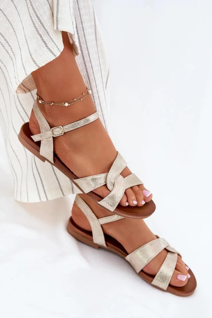 Damskie buty S.Barski Sandały Płaskie*Płaskie Połyskujące Sandały Damskie S.Barski KV51-022 Złote Złoty