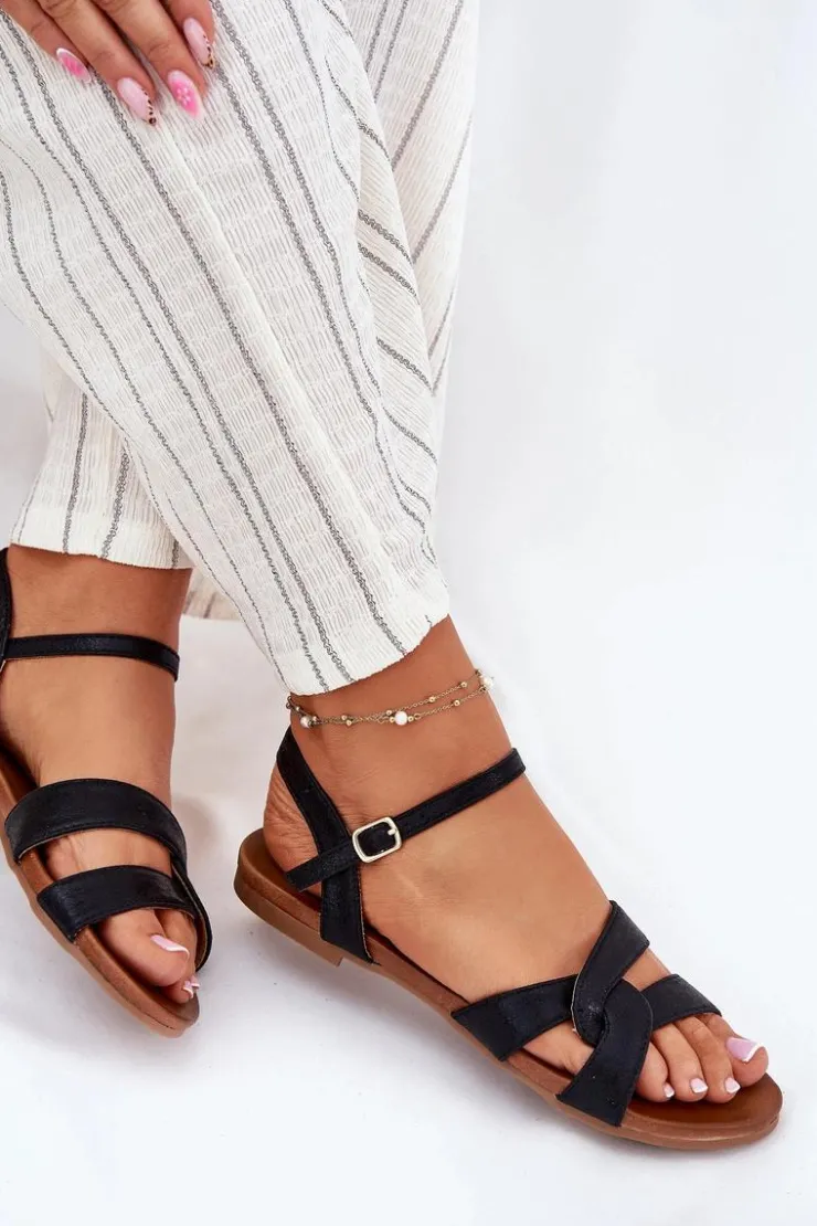 Damskie Damskie buty S.Barski Płaskie Połyskujące Sandały Damskie S.Barski KV51-022 Czarne