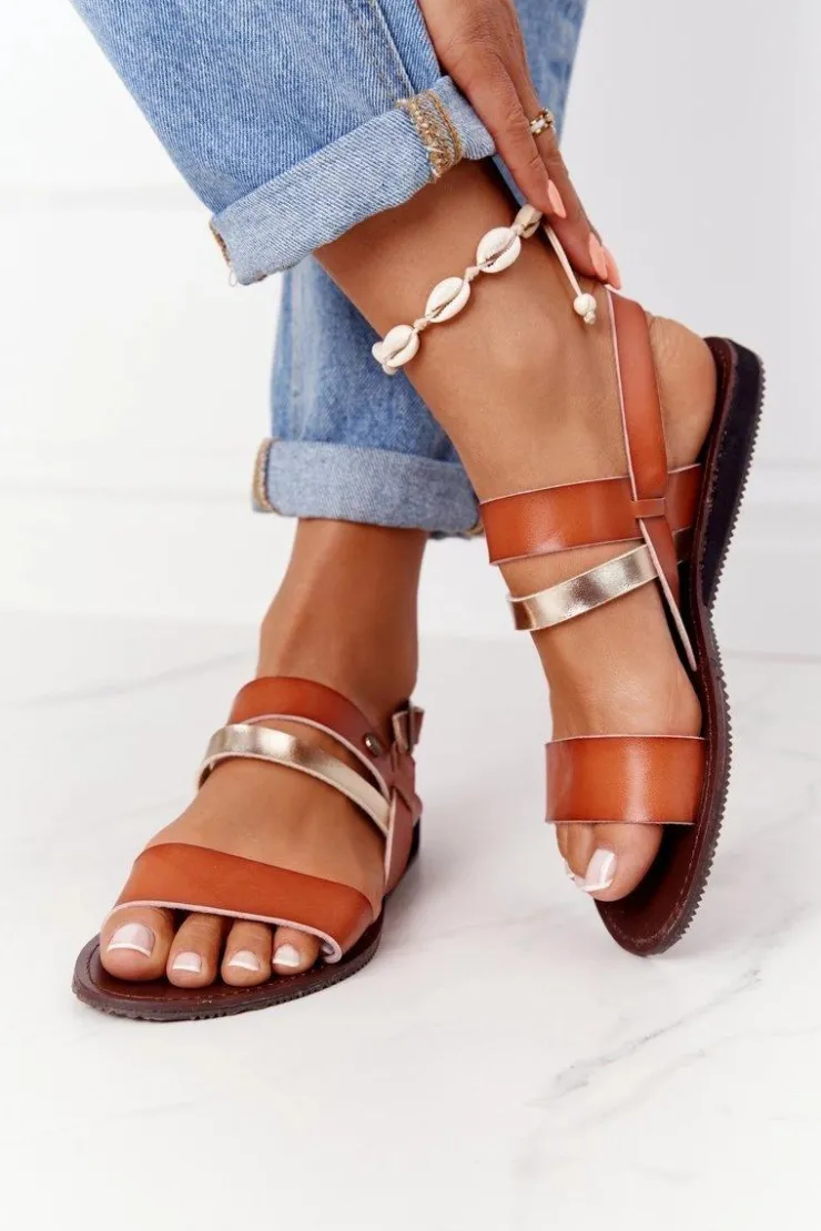 Online Evento Płaskie Sandały Damskie Brązowo-Złote Doris