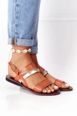 Online Evento Płaskie Sandały Damskie Brązowo-Złote Doris