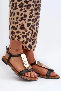 Sale Boto Płaskie Sandały Damskie Z Eko Skóry Czarne Jeritellia