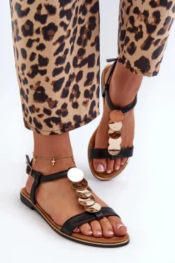 Sale Boto Płaskie Sandały Damskie Z Eko Skóry Czarne Jeritellia