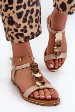 Damskie Boto Płaskie Sandały Damskie Z Eko Skóry Beżowe Jeritellia