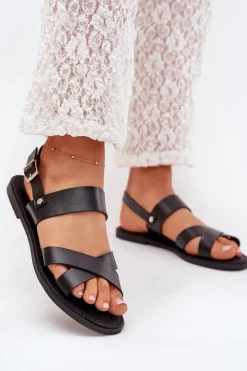 Damskie Boto Płaskie Sandały Damskie Z Eko Skóry Czarne Kalira