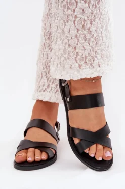 Damskie Boto Płaskie Sandały Damskie Z Eko Skóry Czarne Kalira