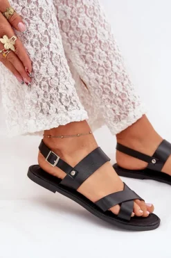 Damskie Boto Płaskie Sandały Damskie Z Eko Skóry Czarne Kalira