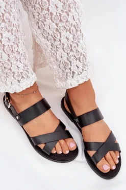 Damskie Boto Płaskie Sandały Damskie Z Eko Skóry Czarne Kalira