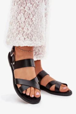 Damskie Boto Płaskie Sandały Damskie Z Eko Skóry Czarne Kalira