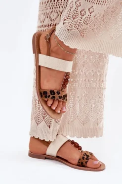 Damskie Boto Płaskie Sandały Damskie Z Koralikami Panterka Brązowe Virona