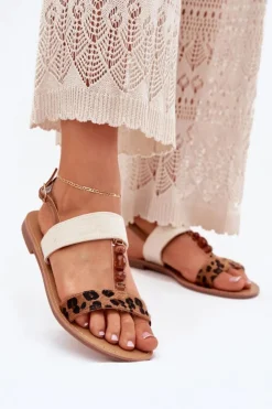 Damskie Boto Płaskie Sandały Damskie Z Koralikami Panterka Brązowe Virona