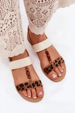 Damskie Boto Płaskie Sandały Damskie Z Koralikami Panterka Brązowe Virona