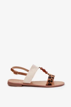 Damskie Boto Płaskie Sandały Damskie Z Koralikami Panterka Brązowe Virona