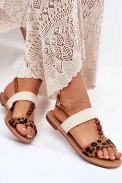 Damskie Boto Płaskie Sandały Damskie Z Koralikami Panterka Brązowe Virona