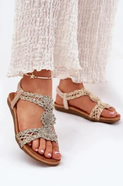 Damskie Artiker Płaskie Sandały Damskie Z Koronkowym Wzorem 56C1281 Złote