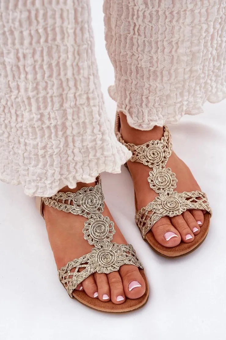 Damskie Artiker Płaskie Sandały Damskie Z Koronkowym Wzorem 56C1281 Złote