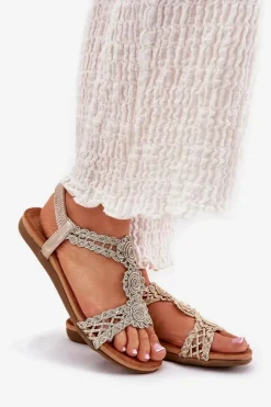 Damskie Artiker Płaskie Sandały Damskie Z Koronkowym Wzorem 56C1281 Złote