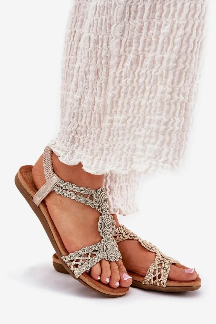 Damskie Artiker Płaskie Sandały Damskie Z Koronkowym Wzorem 56C1281 Złote