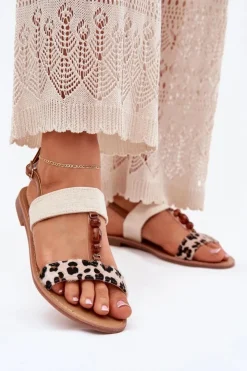 Boto Sandały Płaskie*Płaskie Sandały Damskie Z Koralikami Panterka Beżowe Virona Beżowy