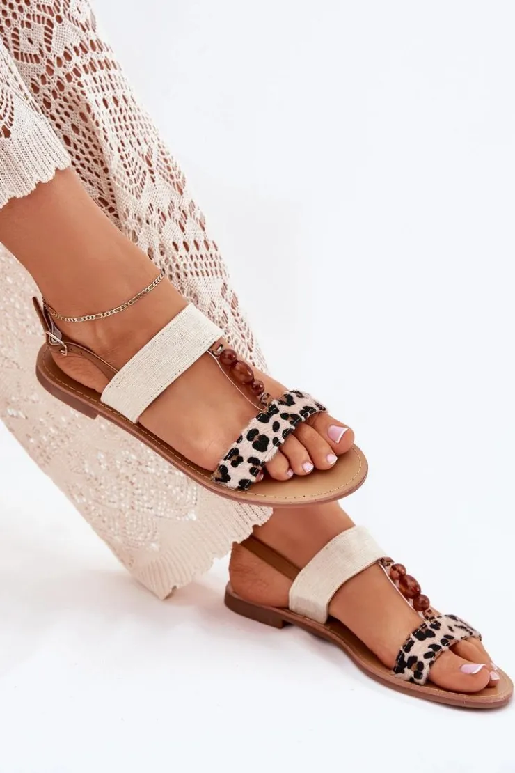 Boto Sandały Płaskie*Płaskie Sandały Damskie Z Koralikami Panterka Beżowe Virona Beżowy