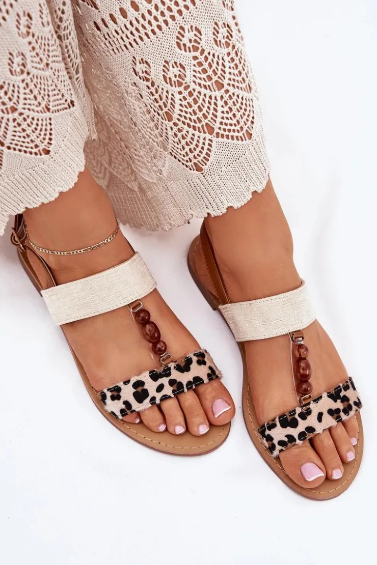 Boto Sandały Płaskie*Płaskie Sandały Damskie Z Koralikami Panterka Beżowe Virona Beżowy