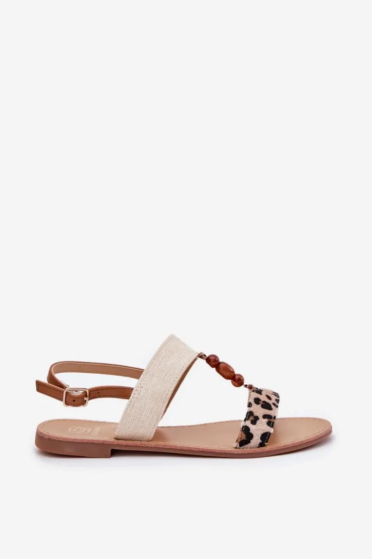 Boto Sandały Płaskie*Płaskie Sandały Damskie Z Koralikami Panterka Beżowe Virona Beżowy