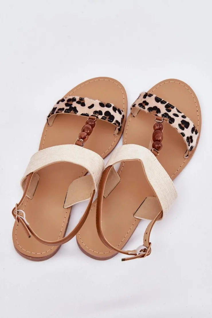 Boto Sandały Płaskie*Płaskie Sandały Damskie Z Koralikami Panterka Beżowe Virona Beżowy